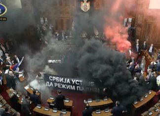 Бой и пиротехнически устройства в сръбския парламент (Видео)